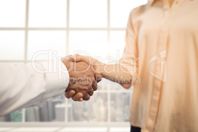 Business people shaking hands against city background