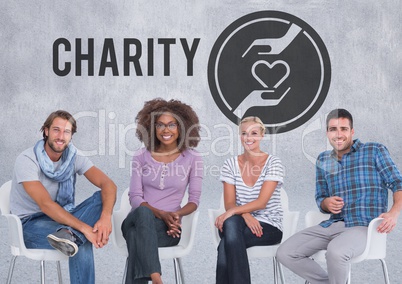 Group of people sitting in front of charity hands with heart