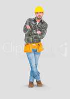 Full body portrait of builder construction man standing with grey background