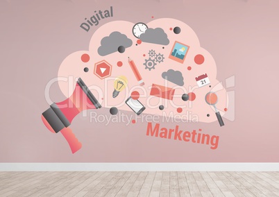 Digital marketing cloud graphics in pink room