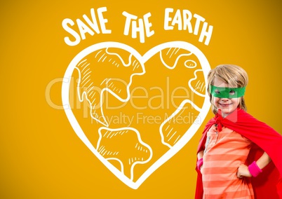 Superhero boy with blank yellow background and Save The earth graphics