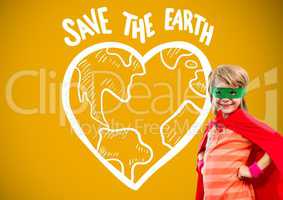 Superhero boy with blank yellow background and Save The earth graphics