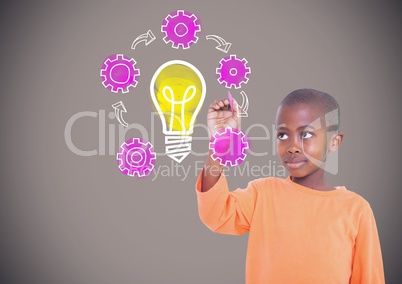 Boy writing in front of brown blank background with idea light bulb and settings graphics