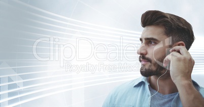 Business man with earphones against white and blue background