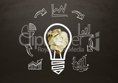 light bulb with crumpled paper ball and business graphics in front of blackboard