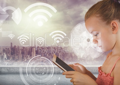 Girl Holding tablet and City with wifi icons