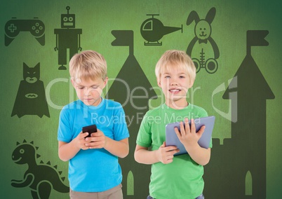 Blonde boys with tablet and phone in front of green background with toys graphics