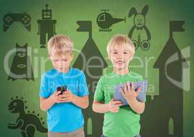Blonde boys with tablet and phone in front of green background with toys graphics