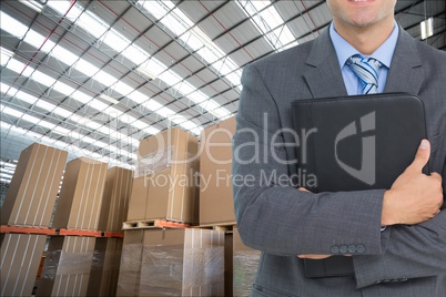 man in suit in warehouse