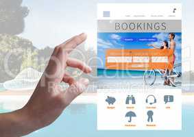 Hand Touching Bookings Holiday break App Interface with swimming pool