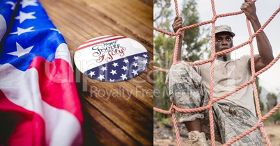 soldier and usa flag with 4th july