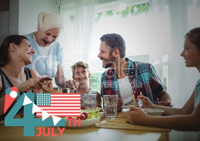 Fourth of July graphic with flags and ice cream against family dinner