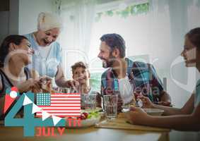 Fourth of July graphic with flags and ice cream against family dinner