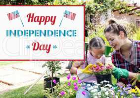 Happy mother and her daughter doing some gardening for independence day