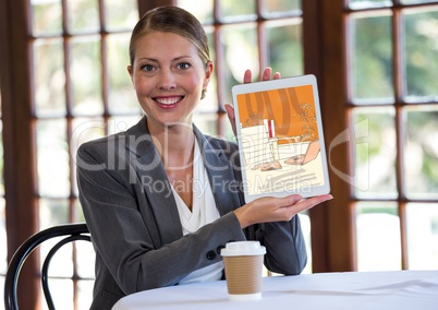 happy woman with tablet showing the new office lines ( color: orange)