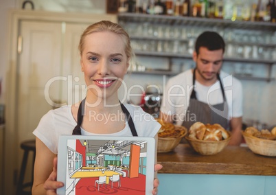 woman with tablet with the counter behind. On the tablet the new design for the restaurant.