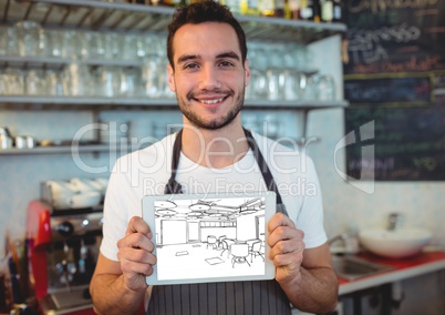 young man working on a bar with tablet with the new bar design (white and black)