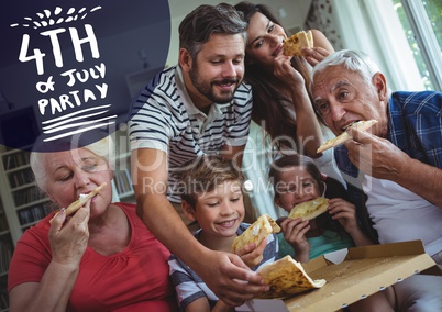 Navy and white fourth of July party graphic against family eating pizza