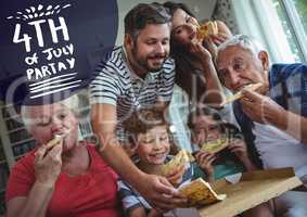 Navy and white fourth of July party graphic against family eating pizza