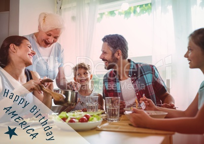 Blue and white fourth of July graphic against family dinner with red overlay