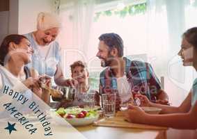 Blue and white fourth of July graphic against family dinner with red overlay