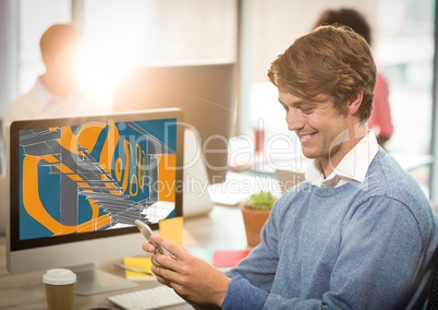 young happy businessman with phone in front of the computer with stairs new design draw ( color: blu