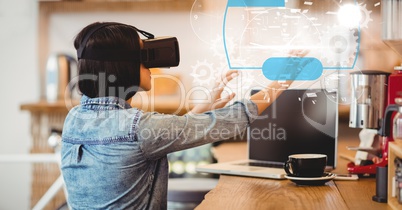 Digital composite image of woman using VR glasses