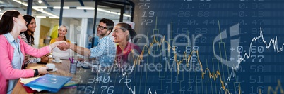 Millennial business meeting with blue finance graph transition Millennial business meeting with blue finance graph transition