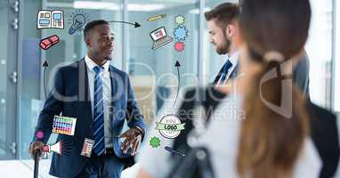 Businessman with various signs talking to colleague