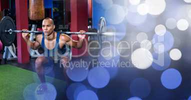 Man weightlifting and blue bokeh transition