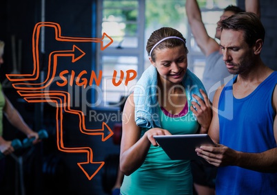 Orange sign up text next to man and woman and tablet in gym