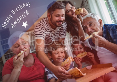 Blue and white fourth of July graphic against family eating pizza with red overlay