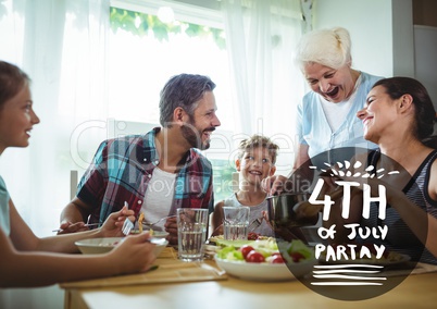 Black and white fourth of July party graphic against family eating at table