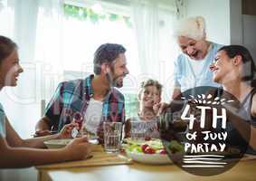 Black and white fourth of July party graphic against family eating at table