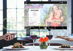 Couple holding phones with Dating App Interface and romantic dinner