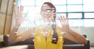 Digital composite image of woman using VR glasses