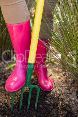 Close-up of woman loosening soil with garden fork