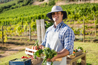 Portrait of happy farmer holding a crate of fresh vegetables