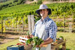 Portrait of happy farmer holding a crate of fresh vegetables