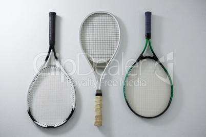 Directly above shot of metallic tennis rackets