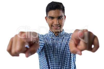 Man gesturing against white background