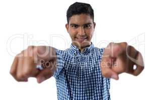 Man gesturing against white background