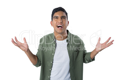 Man gesturing against white background