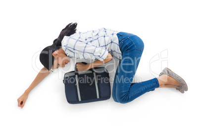 Woman lying on white background