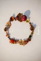 Autumn leaves and fruits arranged on white background