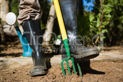 Low section of man standing with garden fork in garden