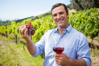 Smiling vintner holding grapes and glass of wine