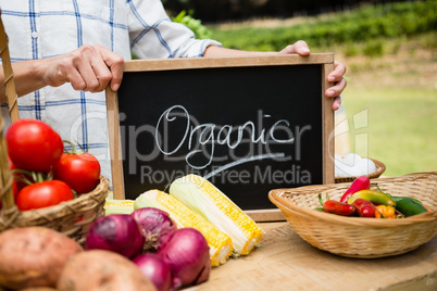 Mid section of woman holding slate with text at vegetable stall