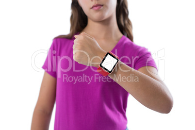 Teenage girl showing her smartwatch against white background