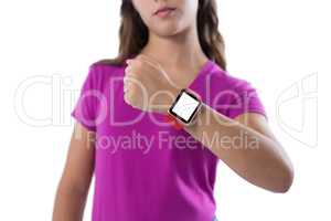 Teenage girl showing her smartwatch against white background